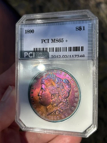 1890 MS65+ Morgan Silver Dollar Green Holder PCI Plum Blue Gold Toned!