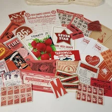 35 pc red junk journal paper pack vintage paper ephemera lot tickets labels Q38