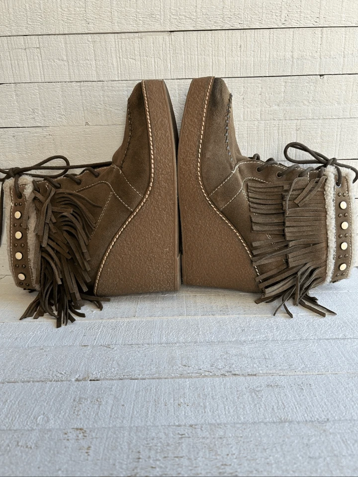 Sam Edelman Kemper Botas de Cuña con Flecos Talla 11M Marrón Gamuza Con Cordones Piel de Oveja Tri Foto 2 de 4