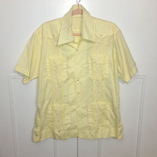 Vintage 80s Guayabera Shirt Mens L Yellow Embroidered Mexican Wedding Cuban Boho