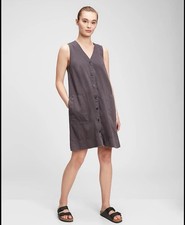 Gap Khakis Button Front Tank Dress Cotton Pockets Petite Small Lagenlook
