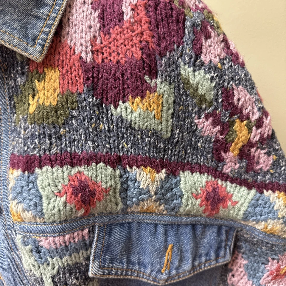 Vintage Together Denim Jacket L Floral Knit Appliqué Oversized 80s 90s Jean Coat - Image 4 of 4