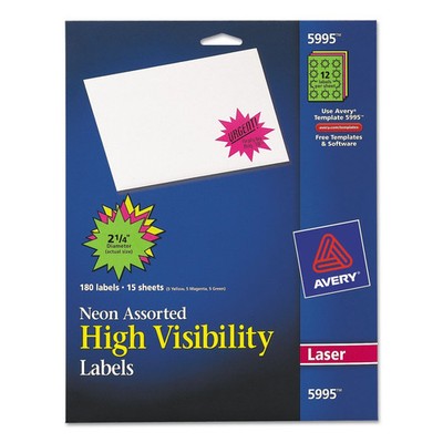 Avery High-Visibility Permanent ID Label Bursts Laser 2 1/4 dia Asst. Neon