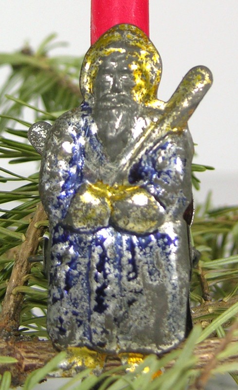 ORIGINAL 1890s FIGURAL TIN CHRISTMAS TREE CANDLE CLIP ORNAMENT BELSNICKLE SANTA