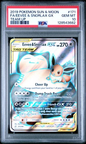 2019 POKEMON SUN & MOON TEAM UP #171 FULL ART/EEVEE & SNORLAX GX PSA 10