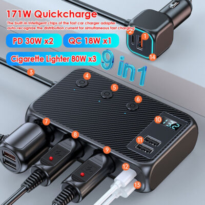 9in1 Car Charger Cigarette Lighter Splitter Adapter Fast USB/C Socket QC PD 30W