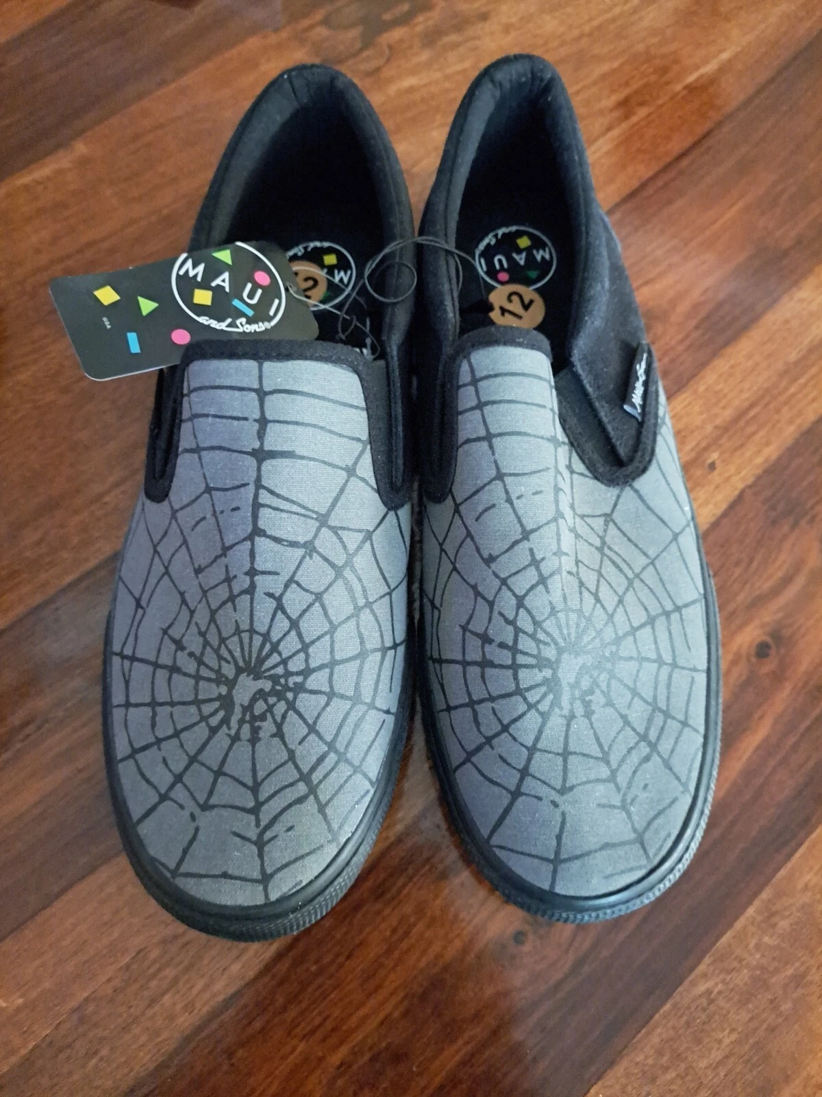 Maui&Sons Classic Slip-on Sneaker Shoes Sz 12 Mens Blackgrey SPIDER WEB New NWOB