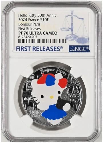 NGC PF70 FR HELLO KITTY Paris 50th Anniversary Silver Coin 10€ Euro France 2024
