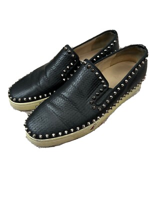 Authentic Christian Louboutin Leather Pik Boat Black Mens Sneakers Size 41