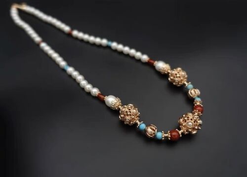 Dunhuang-Style Classical Shell Pearl Blue Turquoise Red Agate Necklace NEW UK - Picture 1 of 11