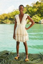 FARM Rio Eyelet Patch Beaded Mini Dress Embroidered Ruffle Lace Tiered XL NEW