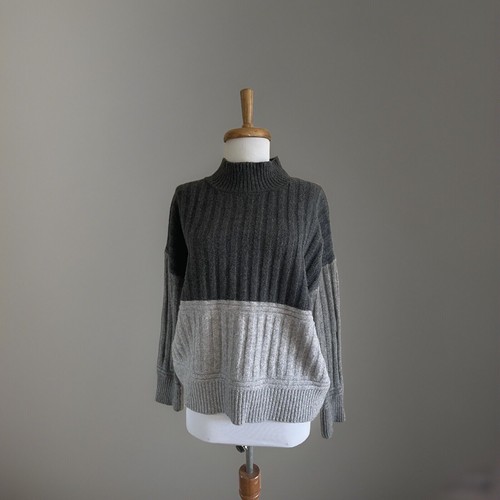 Made In Italy Cashmere Grey Block Rib Knit Jumper High Neck Oversized Size S