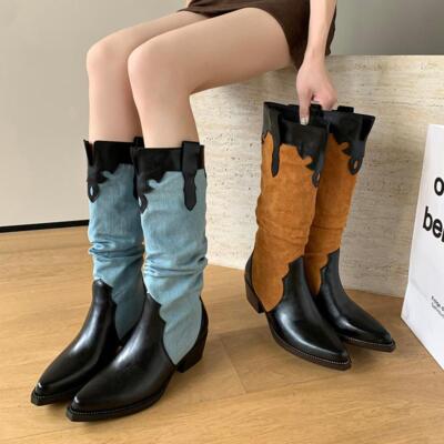 Women's Denim Leather Dress Cowgirl Elegant Spring Summer Pointed Toe High  Boots | eBay