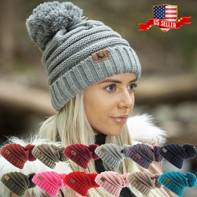 Mudret tilbage Perle Chunky Cable Knit Slouch Pom Beanie Oversized Hanging Women Ski Hat Winter  | eBay