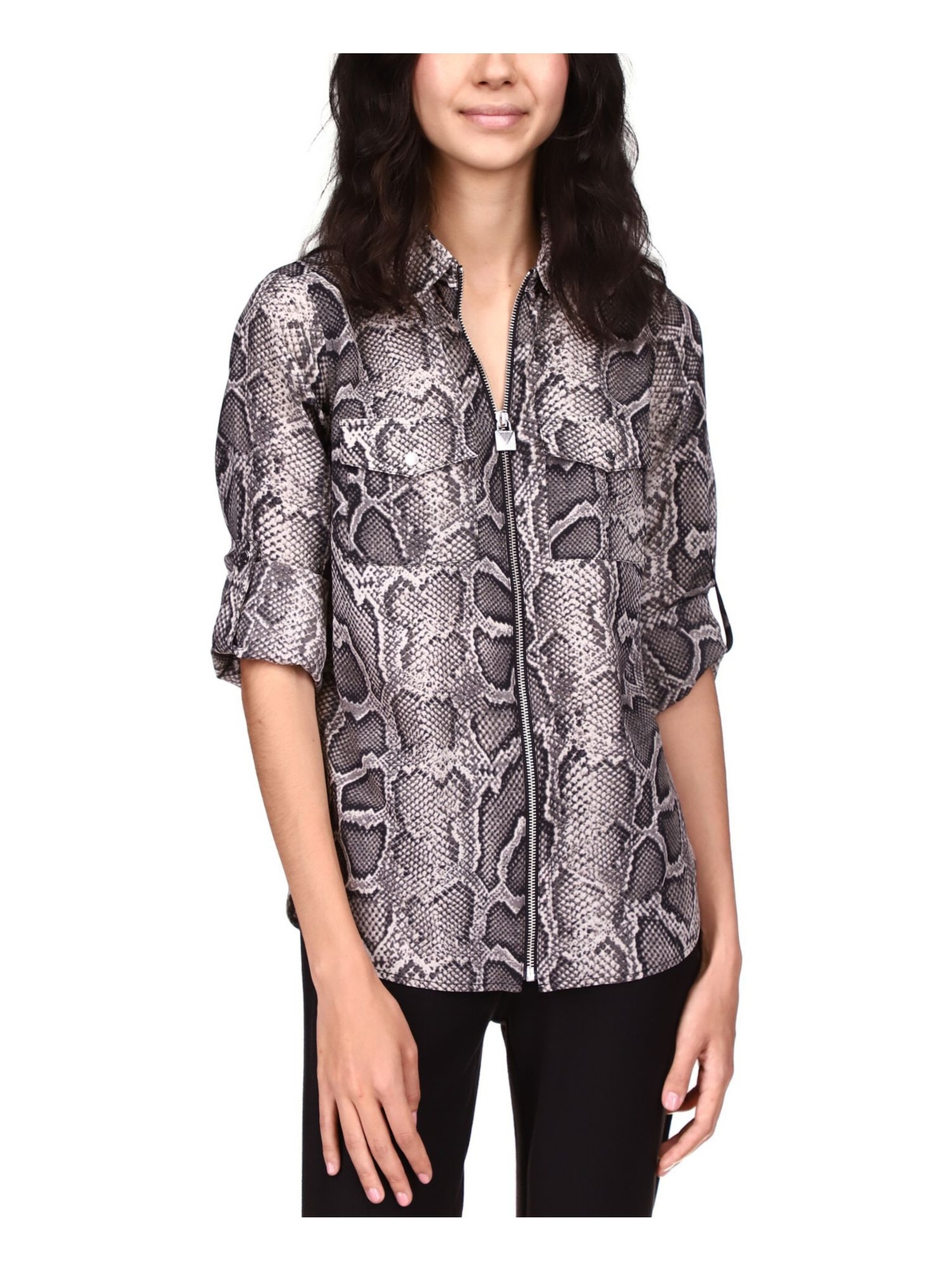 MICHAEL MICHAEL KORS Женский серый топ с застежкой-молнией на подоле и закатанным рукавом XS