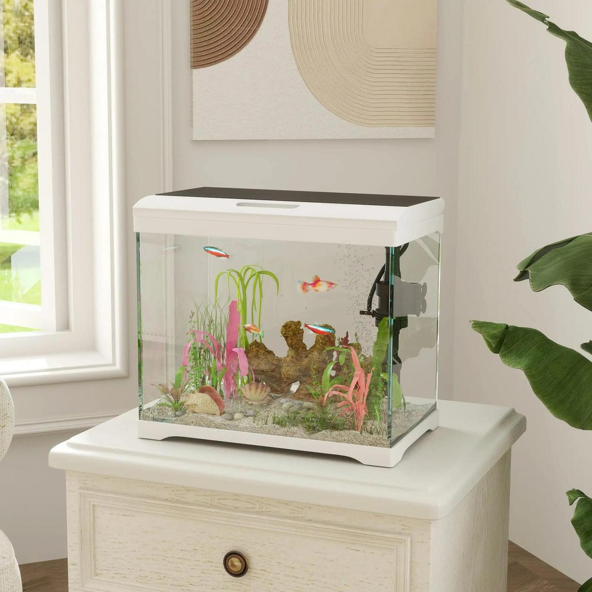 PawHut Aquarium with LED Light, Filter System, 17 Litre Fish Tank, Tropical Fish Quarium with Water Pump, White