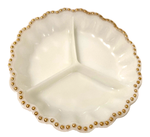 Anchor Hocking Divided Plate 3 Sections White Milk Glass Gold Bead Rim 9" Vtg - Picture 9 of 12