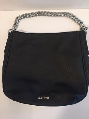 Nine West Black Pebble Faux Leather Chain Strap Messenger Handbag Zip Closure