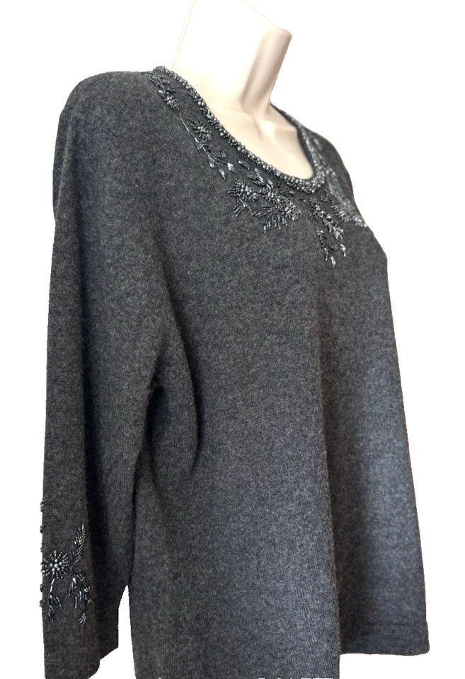VALERIE STEVENS Women's Gray XL Soft 100% Cashmere Sweater 3/4 Sleeve Pullover - Image 3 of 4