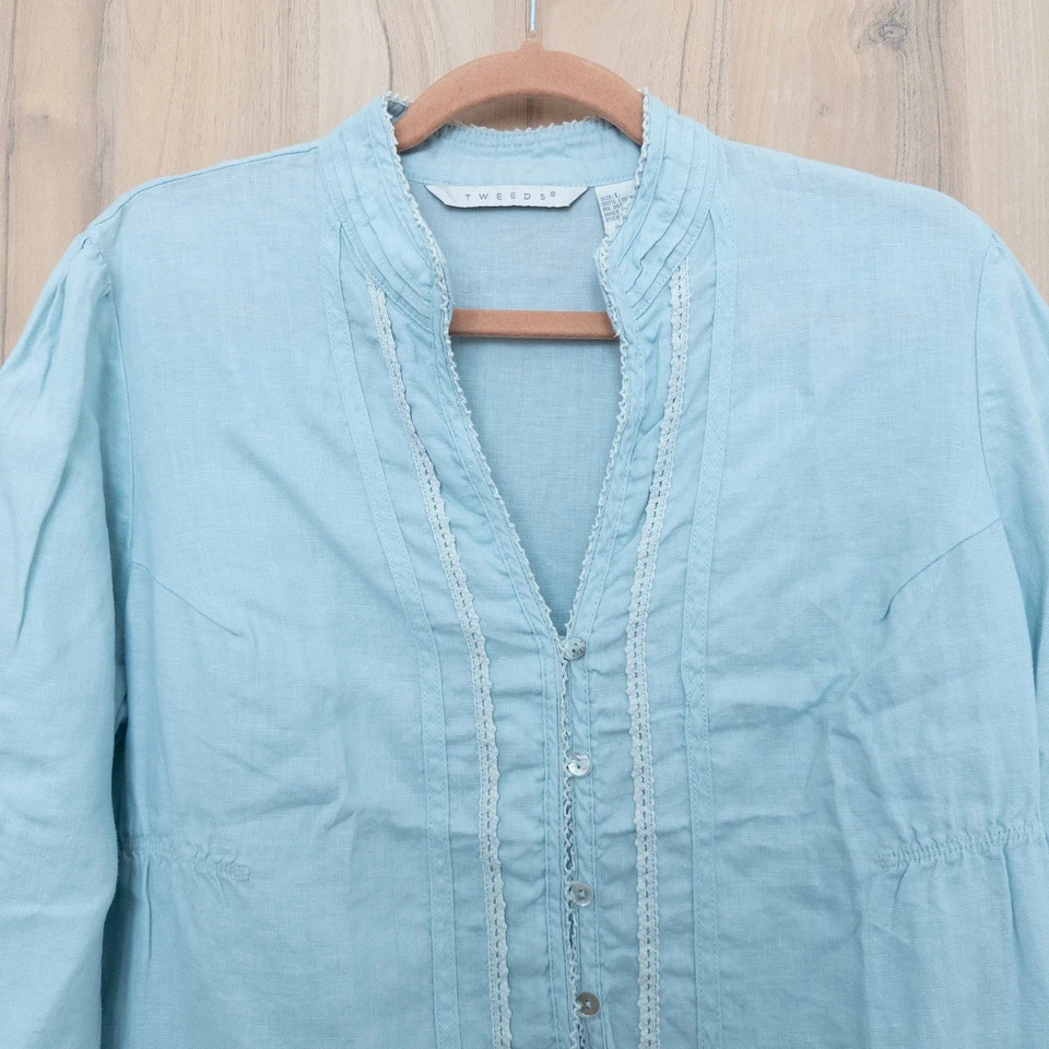 Blusa de lino Tweeds para mujer talla L azul cabaña boho ribete de encaje romántico costero Foto 2 de 4