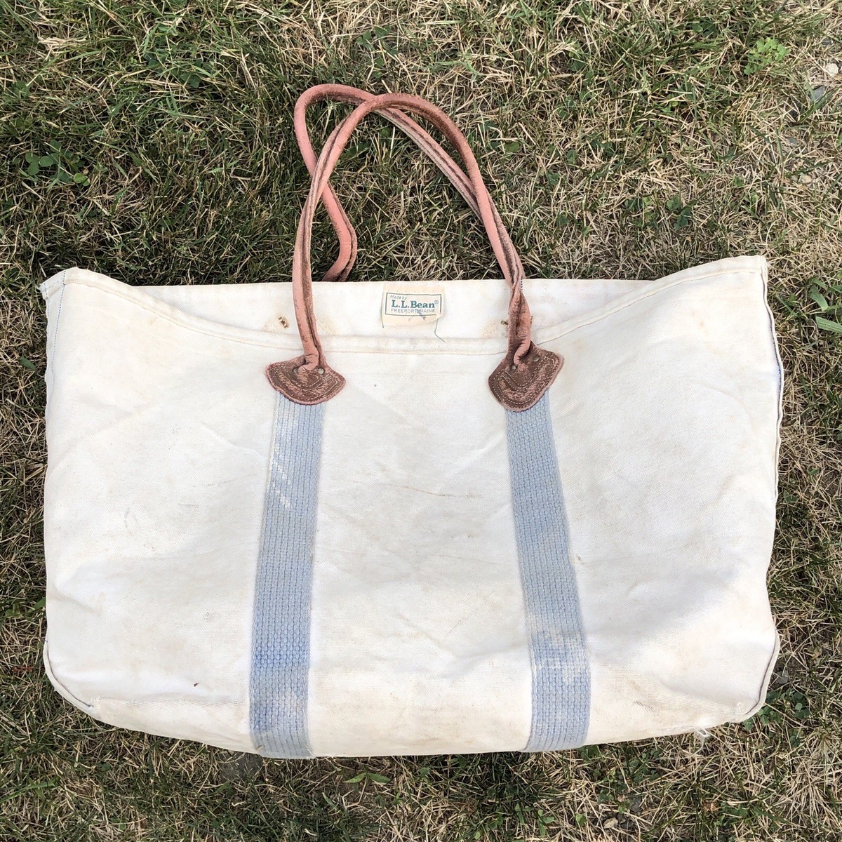 Vintage LL Bean Canvas Boat & Tote Bag Leather Handles Crinkle