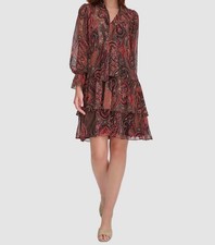 Tommy Hilfiger Women's Red Paisley Print Chiffon Tiered Dress Petite Size 4P