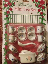 Vintage 1980s Mini Porcelain Tea Set 14 Piece Pink and Green Floral Sealed
