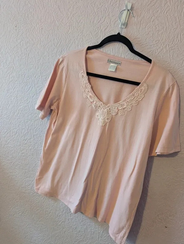 Charmance Pink Lace Trim Short Sleeve Top Size UK 14/16 🌸 image 3