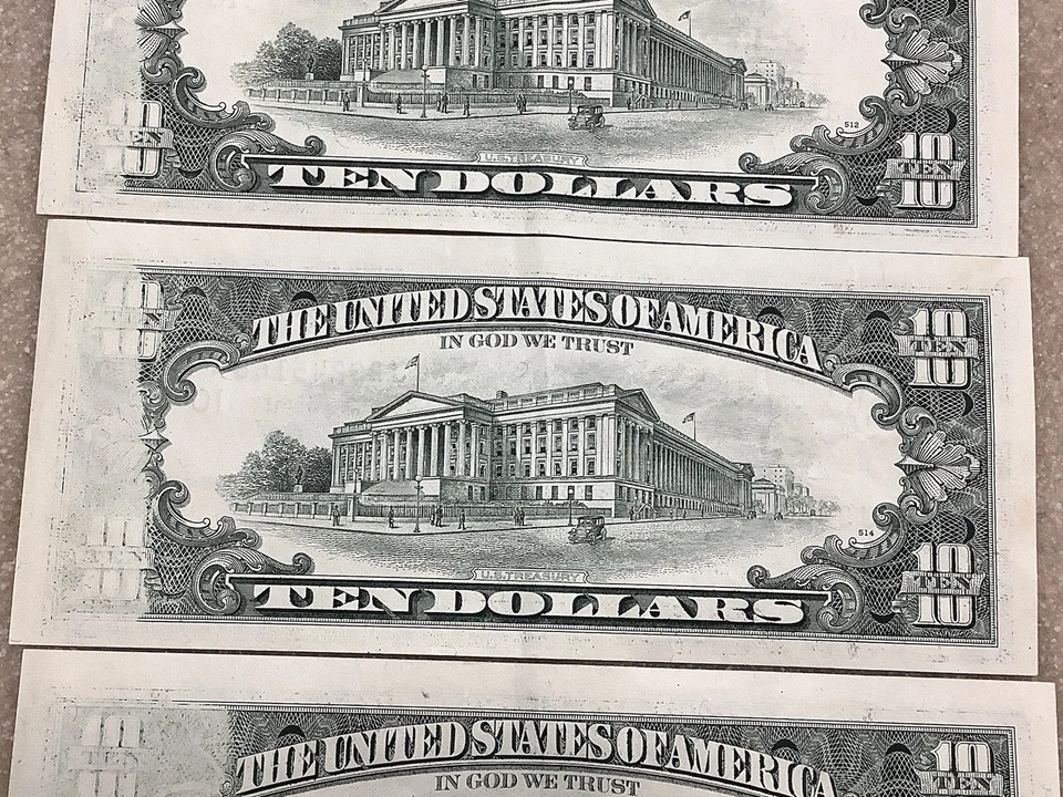 Billetes de $10 1990 de la Reserva Federal de Kansas City *ERROR DE IMPRESIÓN OBSTRUIDO* Lote de 3 Foto 4 de 4
