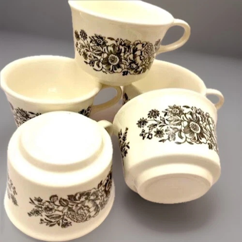VTG Set Of 5 MCM Retro 1970's Brown Floral Mug Cup USA Retro Rare Estate Cabin