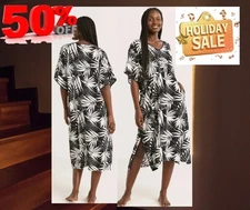 Joyspun Women’s size XL 14-16 Sleepwear Woven 46” Caftan Nightgown Leaf Black