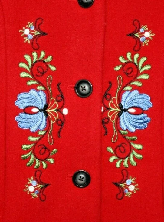 Abrigo para niña Hanna Andersson rojo lana bordado dobladillo de piel negro talla 110 o 5 EE. UU. Foto 3 de 4