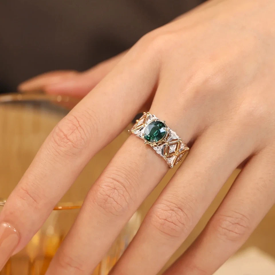 Anillo retro rombo turmalina verde diamante natural banda mujer oro 14K 2 tonos Foto 4 de 4