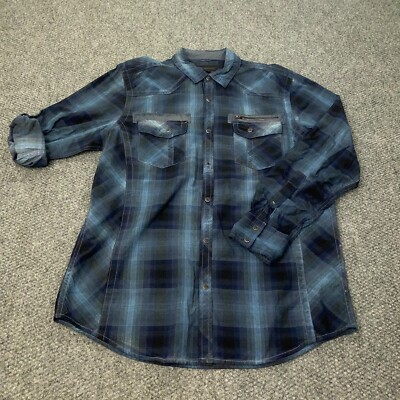 INC International Shirt Mens Large Blue Plaid Zip-Pockets Roll-Tab Sleeves Snap