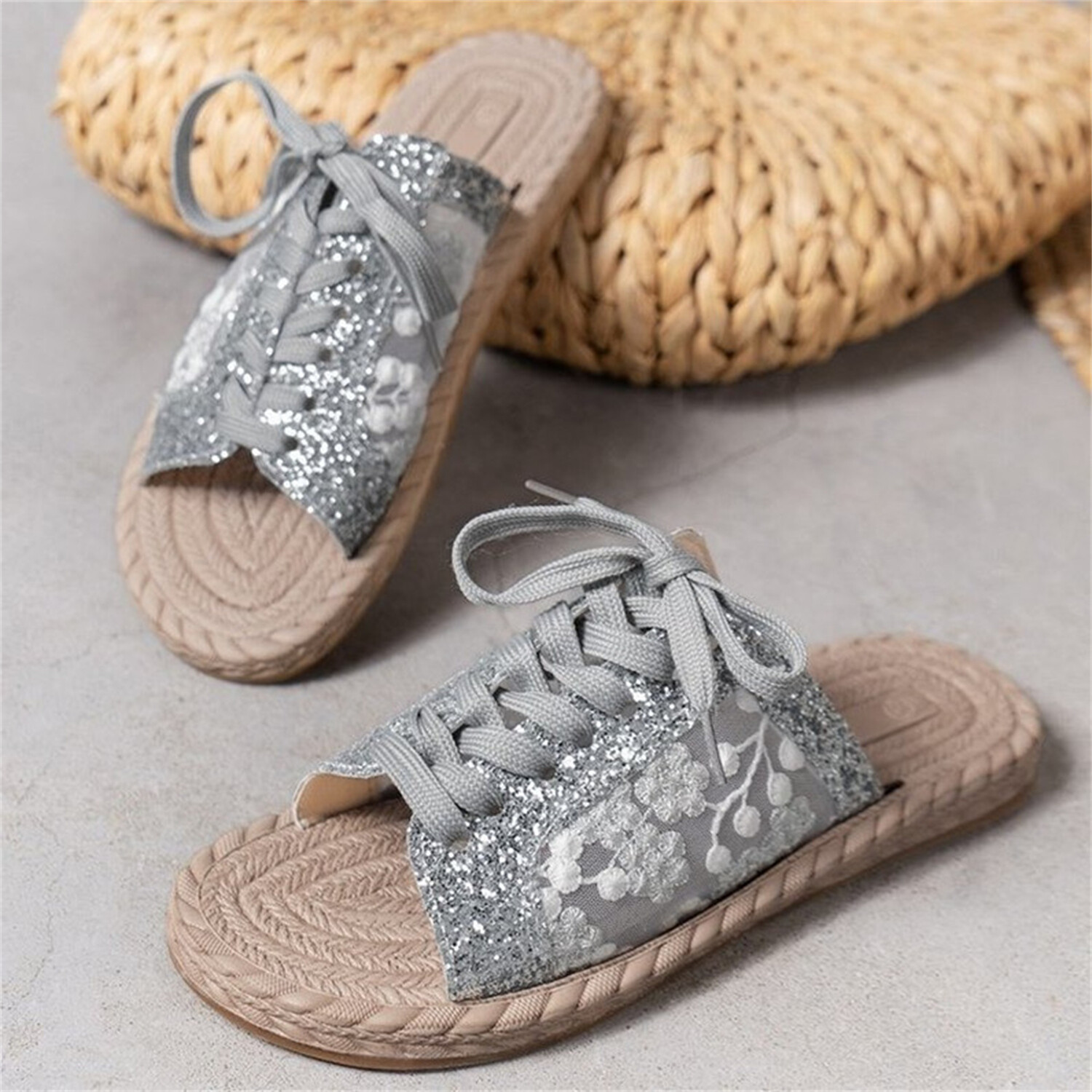 PANTOFOLA D’ORO Sandali donna bohemien paillettes punta aperta flat stringati leggeri estivi slide