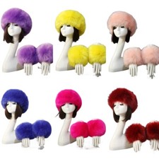 Women's Faux Fur Headband Wrist Cuffs Set, Fluffy Fashion Cossack Style Warmer
