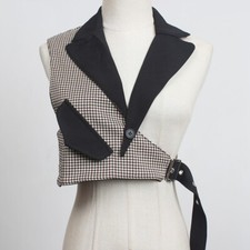 Vintage Plaid Vest Short Asymmetrical Waistcoat Tuxedo Versatile Steampunk Black