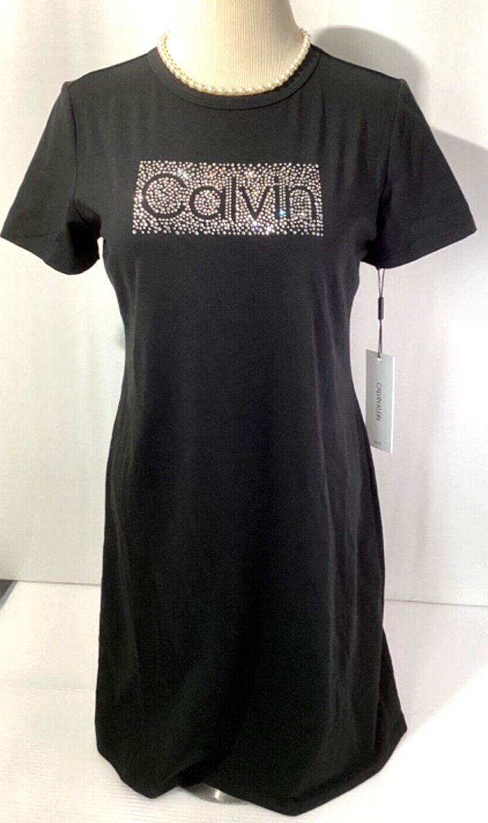 Calvin Klein Black T shirt Dress with Rhinestone Logo Size PM | eBay