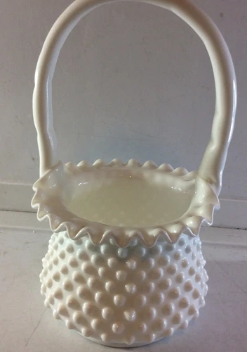 Mid Century Hob Nail Milk White FENTON ART BASKET Pie Crust Edge Small 10”
