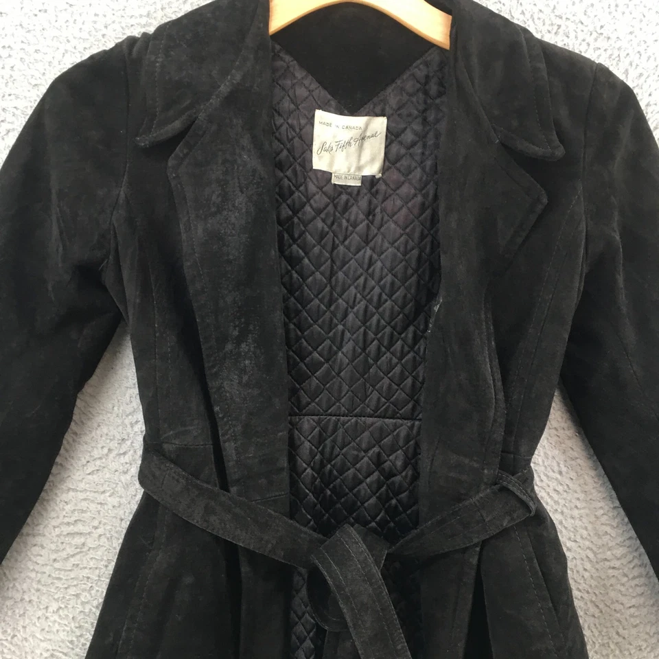 Gabardina Saks Fifth Avenue para mujer S negra solapa muesca con cinturón manga larga Foto 2 de 4