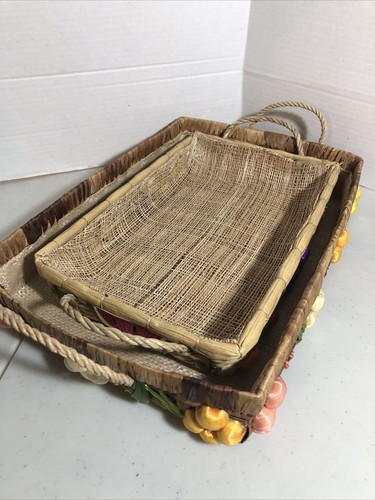 Vintage Set of 3 Nesting Raffia Floral Woven Casserole Baskets Lined and Handled - Picture 9 of 10