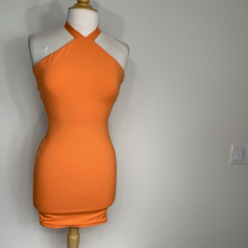 Naked Wardrobe Women Bright Orange Ribbed Halter Stretch Mini Dress Medium EUC