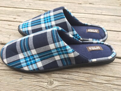 Apres By Lamo Navy Blue Plaid Fabric Slip On House Slippers Size L