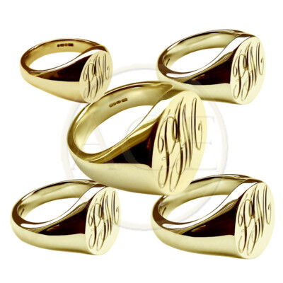 NEU 9 kt Gelbgold Siegelringe mit Monogramm oval massiv 375 UK gepunzt Ringe