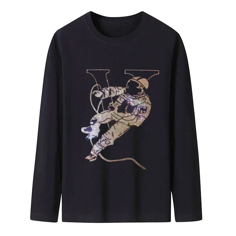 New Men Luxury Diamond Spaceman Rhinestones Fashion Black T-Shirt High Quality