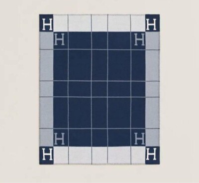 HERMES Avalon III Plaid blanket Wool Cashmere Navy Blue 135 x170cm