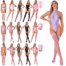 US Women's Glossy Sleeveless Leotard Sleepwear High Cut Bodysuit with Stockings