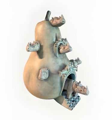 Sergio Bustamante Unique Ceramic Rhino House Sculpture Signed