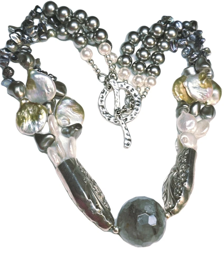 Antiguo collar de plata pesada con cuentas de bola de flourita diseño plata perla enorme 21" Foto 2 de 4