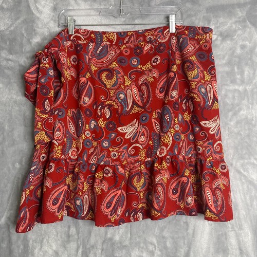 Loft Plus Womens 18 Red Paisley Print True Wrap Skirt Ruffle Tie Mini Boho - Picture 2 of 8